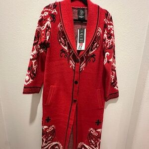 Vertigo Red Pattern Long Cardigan Sweater Coat – Size S – NWT